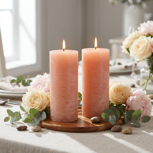 Lot de 2 bougies piliers, motif pêche, 85 x 200 mm - Longue durée de combustion, cire colorée pour une ambiance décorative et relaxante | Floristik24.be