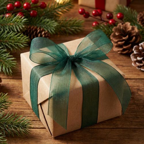 Article Ruban organza vert ruban cadeau tissé bord vert sapin 25mm 50m