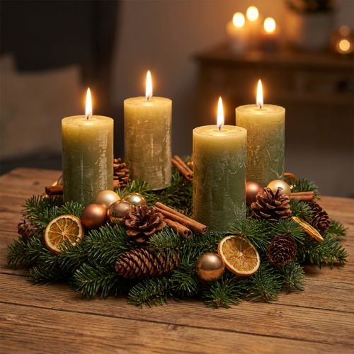 Bougies piliers unies, vert olive, 70 × 120 mm - Longue durée de combustion 53 h, lot de 4, effet marbré, pour la décoration et l'Avent | Floristik24.be
