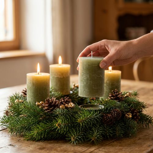 Bougies piliers unies, vert olive, 70 x 100 mm, lot de 4, longue durée de combustion, cire de haute qualité | Floristik24.be