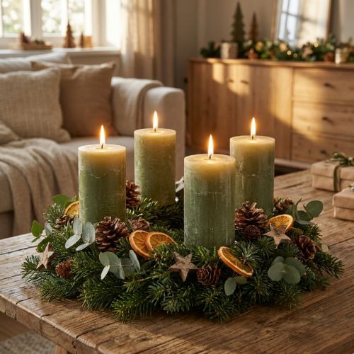 Bougies piliers vert olive uni, 60 × 100 mm, lot de 4, style champêtre, bohème, Avent | Floristik24.be