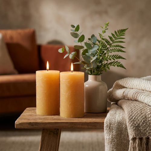 Bougies piliers unies, couleur miel, lot de 2, 85 × 150 mm, longue durée de combustion, créent une ambiance chaleureuse, décoration de table | Floristik24.be