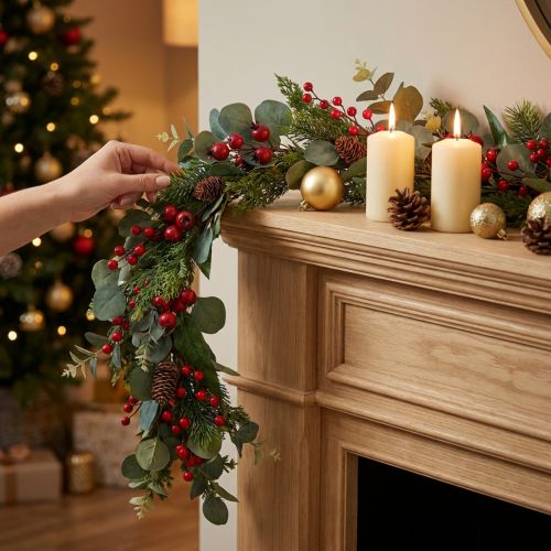 Guirlande de Noël, branches de sapin, eucalyptus, conifères, baies, 160 cm | Floristik24.be