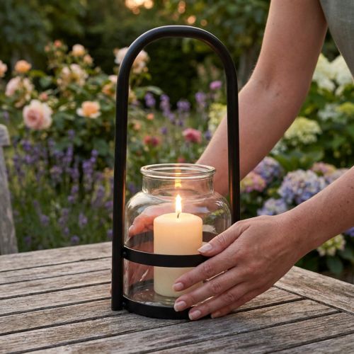 Lanterne métal décor verre noir manche transparent Ø14,5cm | Floristik24.be