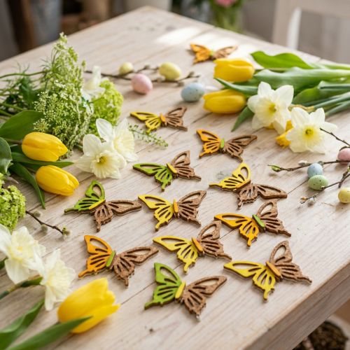 Décoration papillons en bois vert/jaune/orange 3×4cm 24 pcs | Floristik24.be