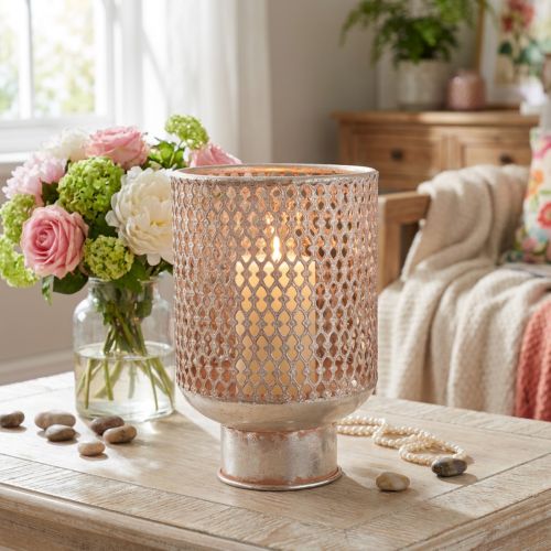 Lanterne métal bougeoir verre rose argenté Ø18cm H27cm | Floristik24.be