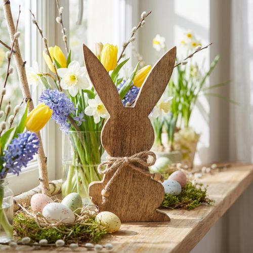 Lapin de Pâques en bois, décoration printanière, bois de manguier coloris naturel H30cm | Floristik24.be