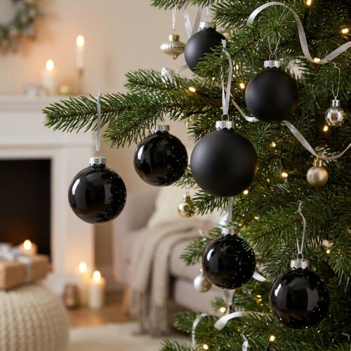 Boules de sapin de Noël, pendentifs sapin, boules en verre noir H6,5cm Ø6cm verre véritable 24 pcs | Floristik24.be