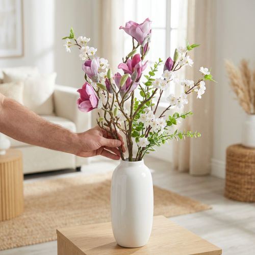 Article Branche de magnolia fleur artificielle, rose magnolia 92cm