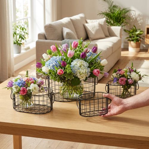 Corbeille fil avec poignées métal noir 17-32cm lot de 4 | Floristik24.be