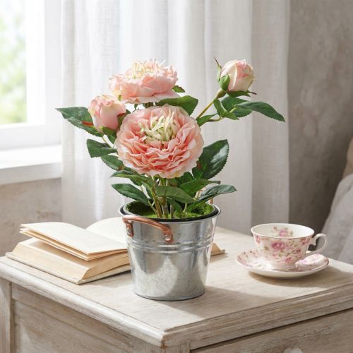Rose décorative en pot, fleurs romantiques en soie, pivoine rose | Floristik24.be