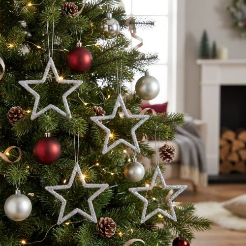 Étoiles décoratives en plastique argenté avec glitter – Lot de 40 pièces (7,5 cm) | Floristik24.be