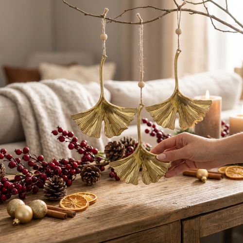 Lot de 12 décorations feuilles de ginkgo en métal doré avec cordelette L12cm | Floristik24.be