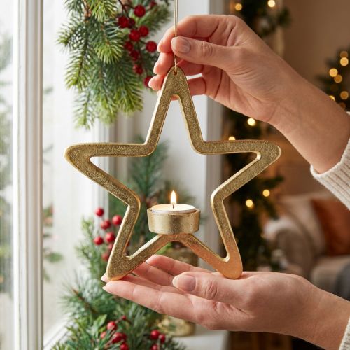Photophore décoratif étoile à suspendre métal doré 20cm | Floristik24.be