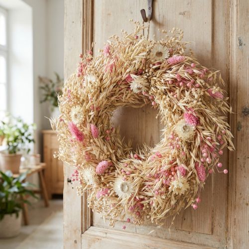 Couronne décorative, couronne d'avoine, couronne naturelle, fleurs de paille, rose, Ø29cm | Floristik24.be