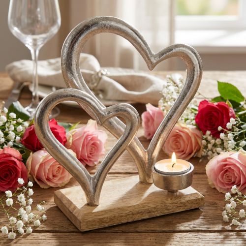 Photophore coeur métal décoration table décoration bois 22cm | Floristik24.be