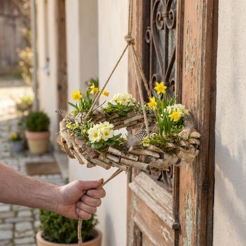 Couronne en bois de bouleau à suspendre avec crochet Ø35cm - Décoration naturelle pour le printemps, macramé, fleurs et herbes | Floristik24.be