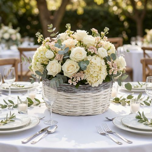 Panier rond décoratif, blanc et marron, Ø29cm, cache-pot tressé, cadeau, décoration de mariage | Floristik24.be