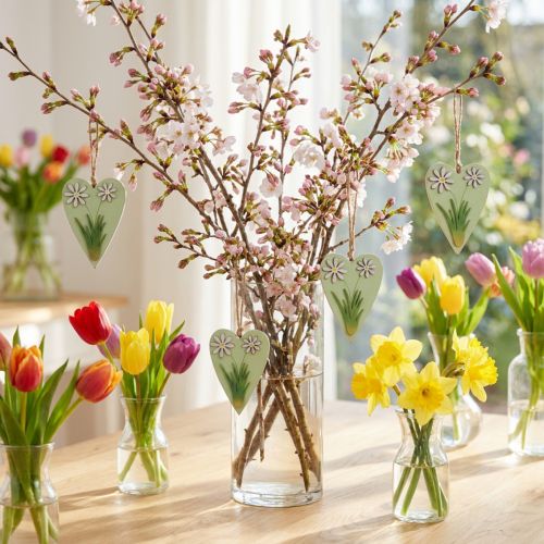 Coeurs décoratifs à suspendre avec fleurs bois vert, blanc 8,5×12cm 4 pcs | Floristik24.be