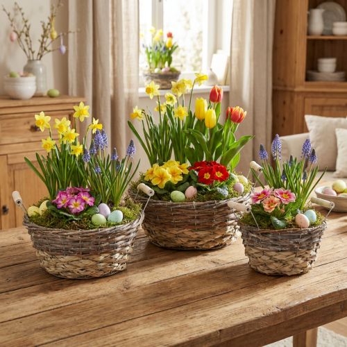 Article Ensemble de paniers à plantes blancs style shabby chic, décoration de Pâques, panier naturel avec anses Ø28/24/19 cm, paniers décoratifs lavés