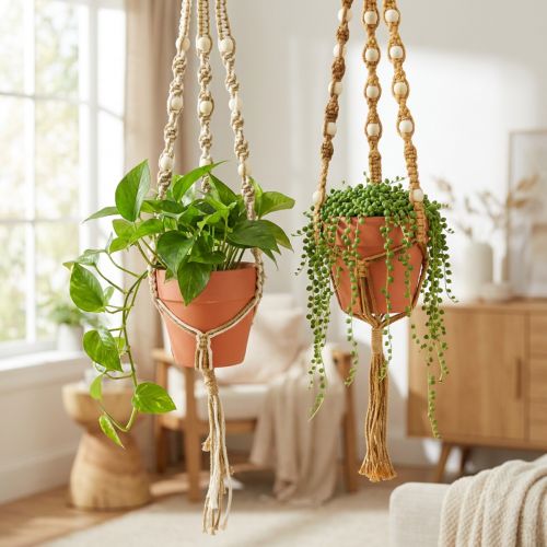 Article Pot suspendu macramé pot suspendu argile Ø12,5cm H75cm 2pcs