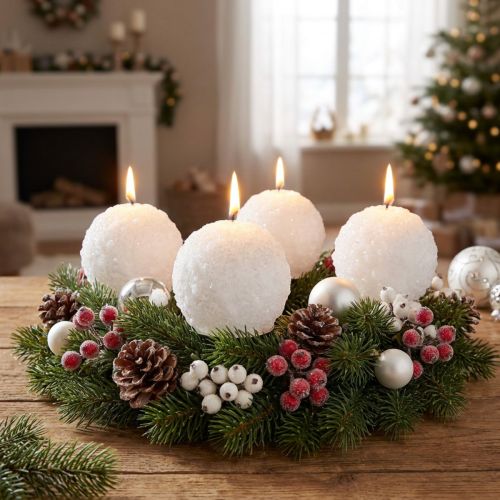 Bougies de l'Avent, motif boule de neige, bougies blanches en forme de boule de 80 mm de diamètre, lot de 4, décoration de Noël, magie hivernale | Floristik24.be