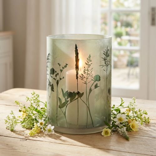Lanterne grande déco en verre blanc vert motif prairie H24cm | Floristik24.be