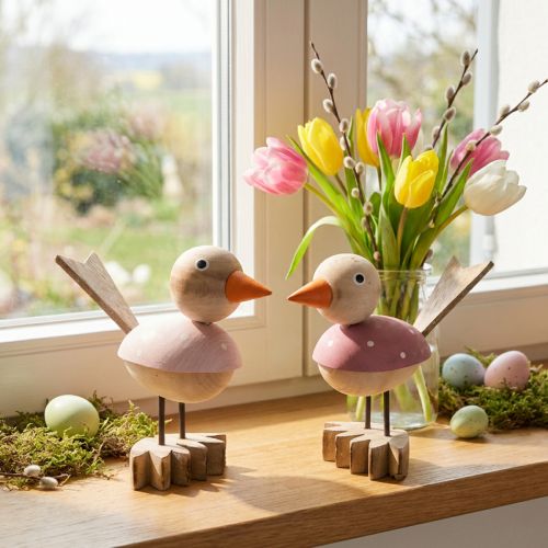 Figurine oiseau en bois déco fenêtre printemps rose H15cm 2pcs | Floristik24.be