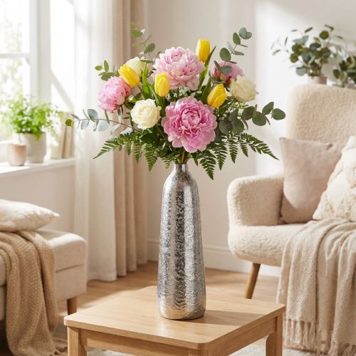 Vase décoratif vase à fleurs métal martelé argent Ø9,5cm H32cm | Floristik24.be