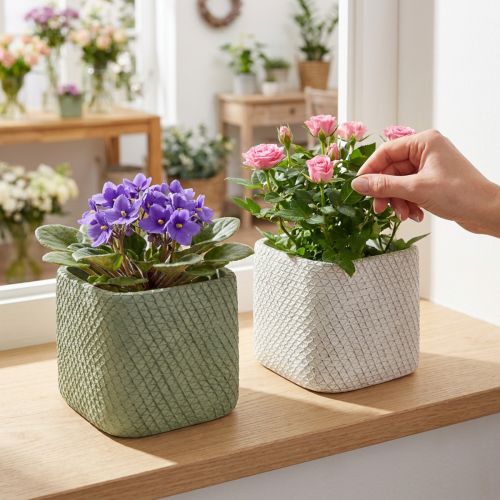 Jardinière en céramique maille relief vert blanc 12,5x12,5cm H9cm 2pcs | Floristik24.be