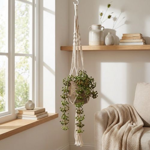 Panier suspendu macramé pour pot Ø18-19cm crème H85cm | Floristik24.be