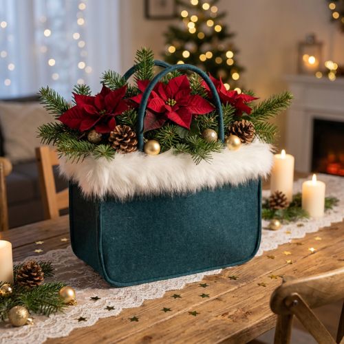 Sac en feutre avec bord en fourrure Bleu pétrole 38cm x24cm x 20cm | Floristik24.be