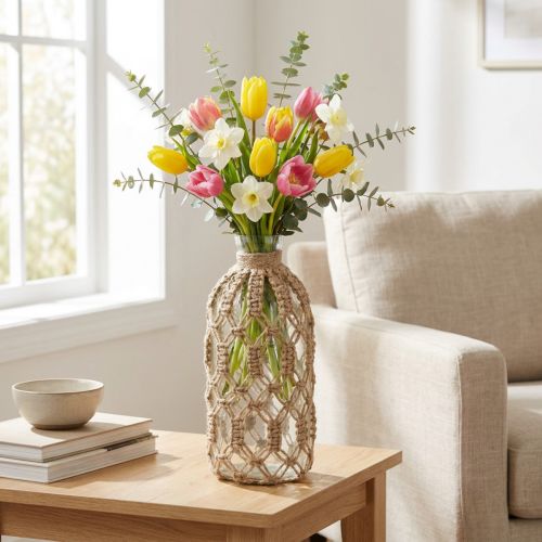 Vase décoratif en verre bouteille macramé jute naturel Ø10,5cm H26cm | Floristik24.be