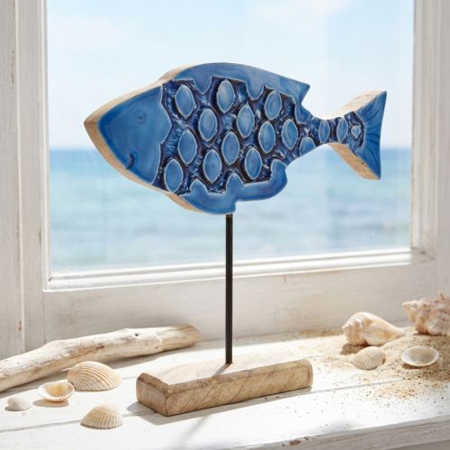 Poisson décoratif maritime en bois sur support bleu 25cm × 24,5cm | Floristik24.be