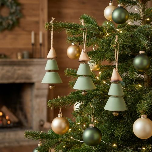 Article Tannenbaum en bois décoratif suspendu, vert et naturel, 10 cm, lot de 4