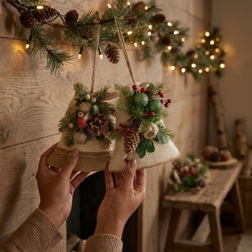 Décoration murale cloche de Noël rustique en jute avec pommes de pin et branches de sapin, 20 cm | Floristik24.be