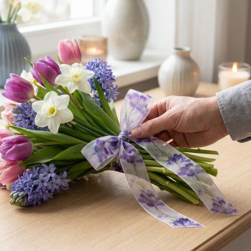 Article Ruban d'organza, ruban de mousseline, tulipes perroquet, violet, 40 mm, 18 m
