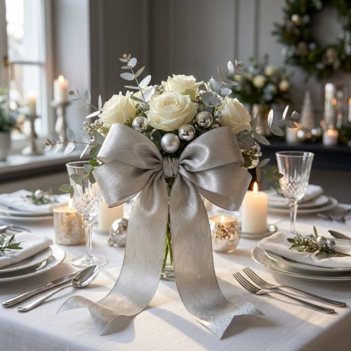 Ruban de soie élégant avec imprimé plumes en argent - parfait pour les décorations festives largeur 25mm longueur 15m | Floristik24.be