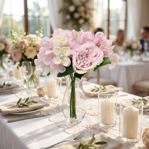 Bouquet décoratif vintage rose orné de perles et de cristaux, idéal pour les mariages et la décoration de table, environ 29 cm. | Floristik24.be