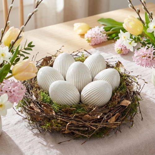 Oeufs de Pâques Oeuf décoratif en céramique avec rainures Blanc Gris 5×6cm 6pcs | Floristik24.be