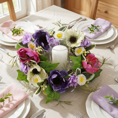 Article Couronne de Fleurs Artificielles Anémones Marguerites Violet Blanc Ø25cm