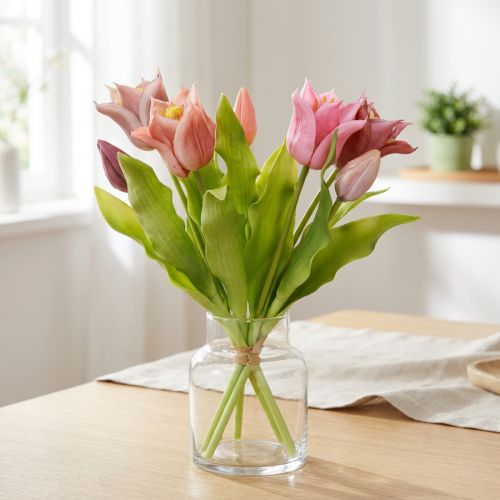 Couronne de fleurs artificielles Tulipes Violet Rose 7 pièces en bouquet 34 cm | Floristik24.be