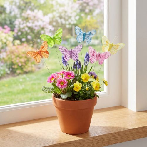 Papillons décoratifs sur fil plumes colorées 5,5×8cm 12 pcs | Floristik24.be