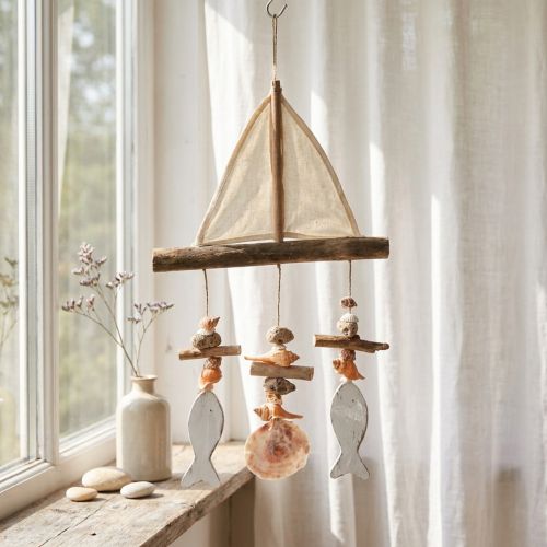 Article Carillon à vent voilier décoration poisson bois blanc naturel H56cm