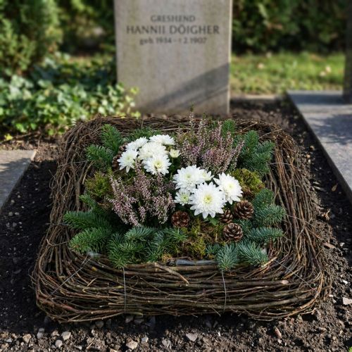 Coussin décoratif végétal en brindilles naturelles, 40 x 40 cm - Idéal pour les compositions funéraires et la décoration de tombes, motif rotin naturel | Floristik24.be