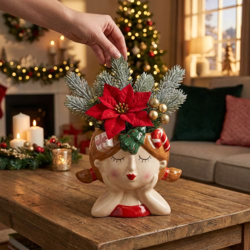 Tête de plante en céramique fille jardinière décorative Noël H17cm | Floristik24.be