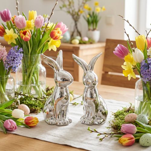 Lapin de Pâques décoratif en céramique Lapin décoratif assis Argent 18 cm 2 pièces | Floristik24.be