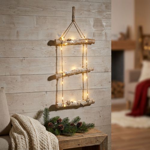 Décoration murale de Noël avec guirlande lumineuse micro LED, petits flocons de neige en bois et branches enneigées H150cm | Floristik24.be