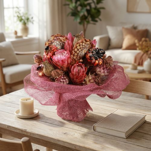 Article Mélange de fleurs séchées : protée rose, artichaut, pavot, décoration naturelle, 38 cm, 580 g