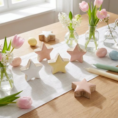 Article Décorations de Noël Étoiles bois Rose Blanc Jaune 3cm 9pcs